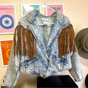 Cowgirl vtg acid wash fringe jacket m crop blue jean Texas Nashville